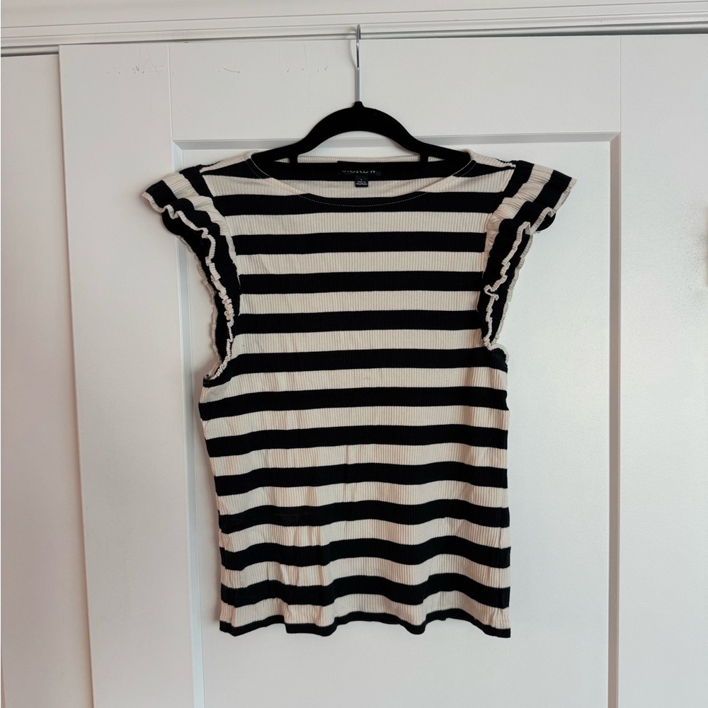 J Crew Black & Cream Striped Ruffle Sleeve Tank large